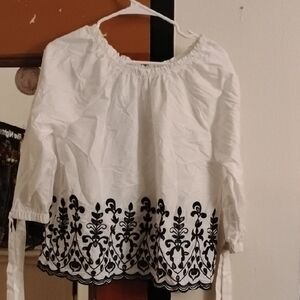 Time and Tru White Blouse with Black Floral Design